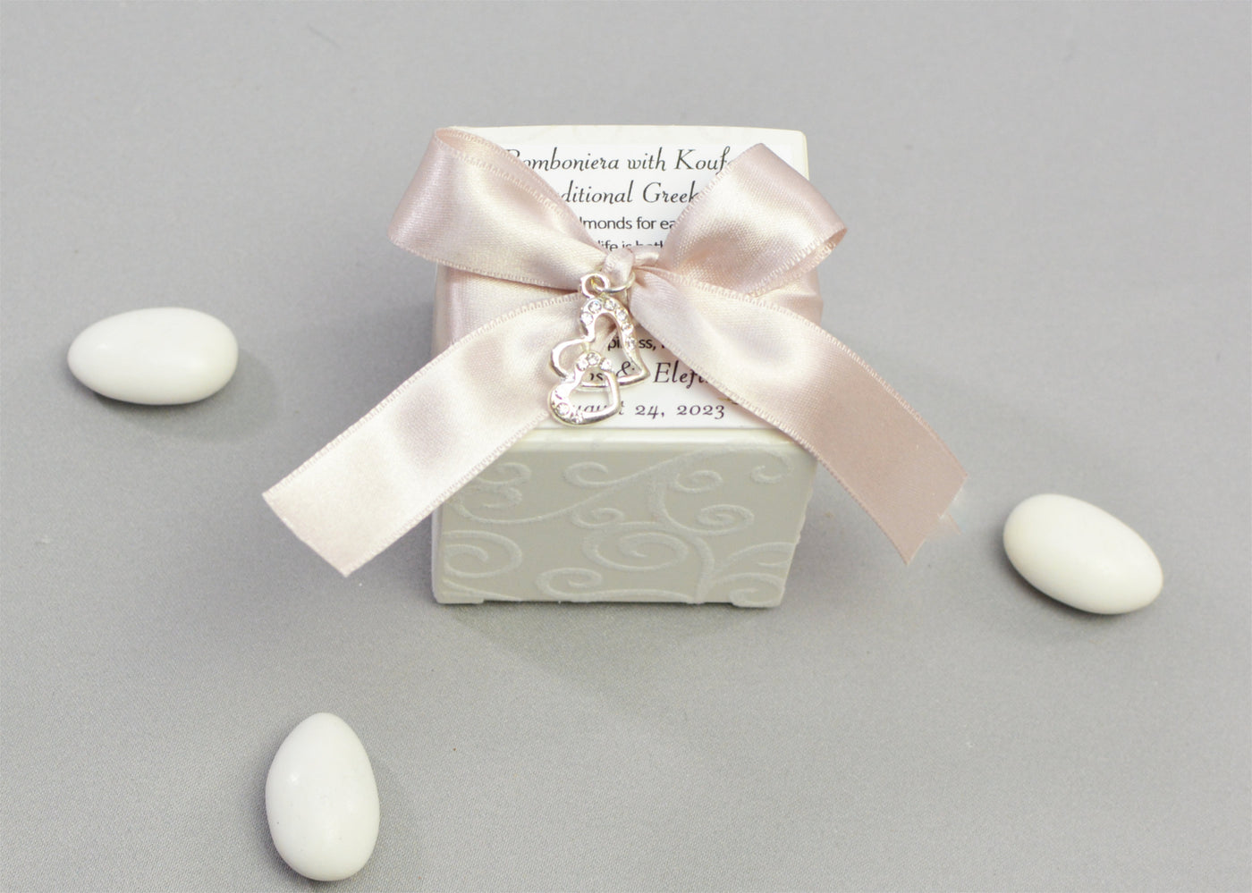 Flocked Box Wedding Favor | Satin Ribbon & Charms