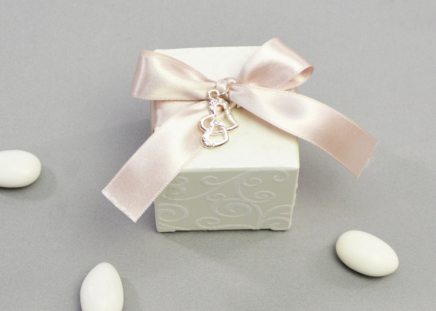 Flocked Box Wedding Favor | Satin Ribbon & Charms