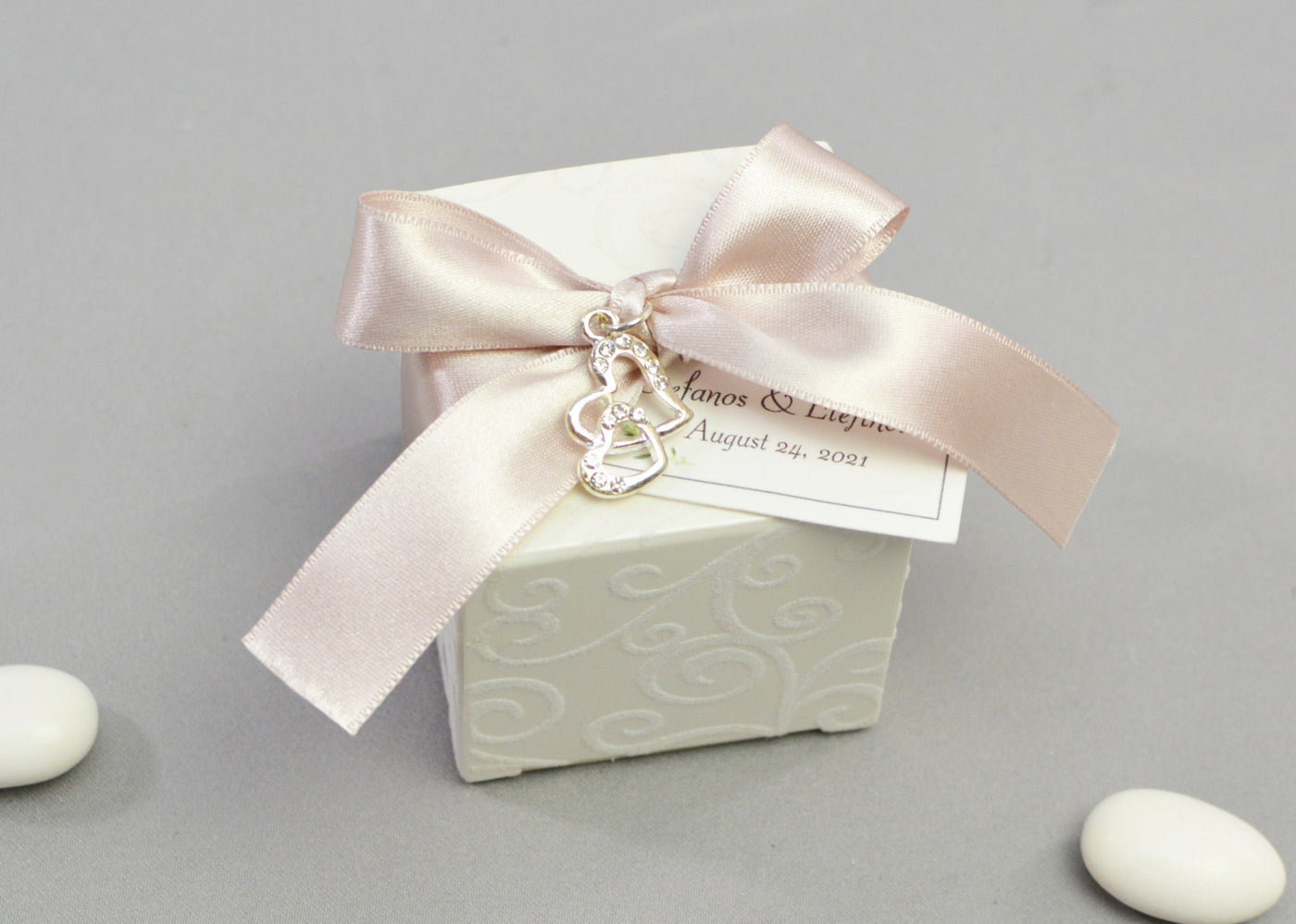 Flocked Box Wedding Favor | Satin Ribbon & Charms