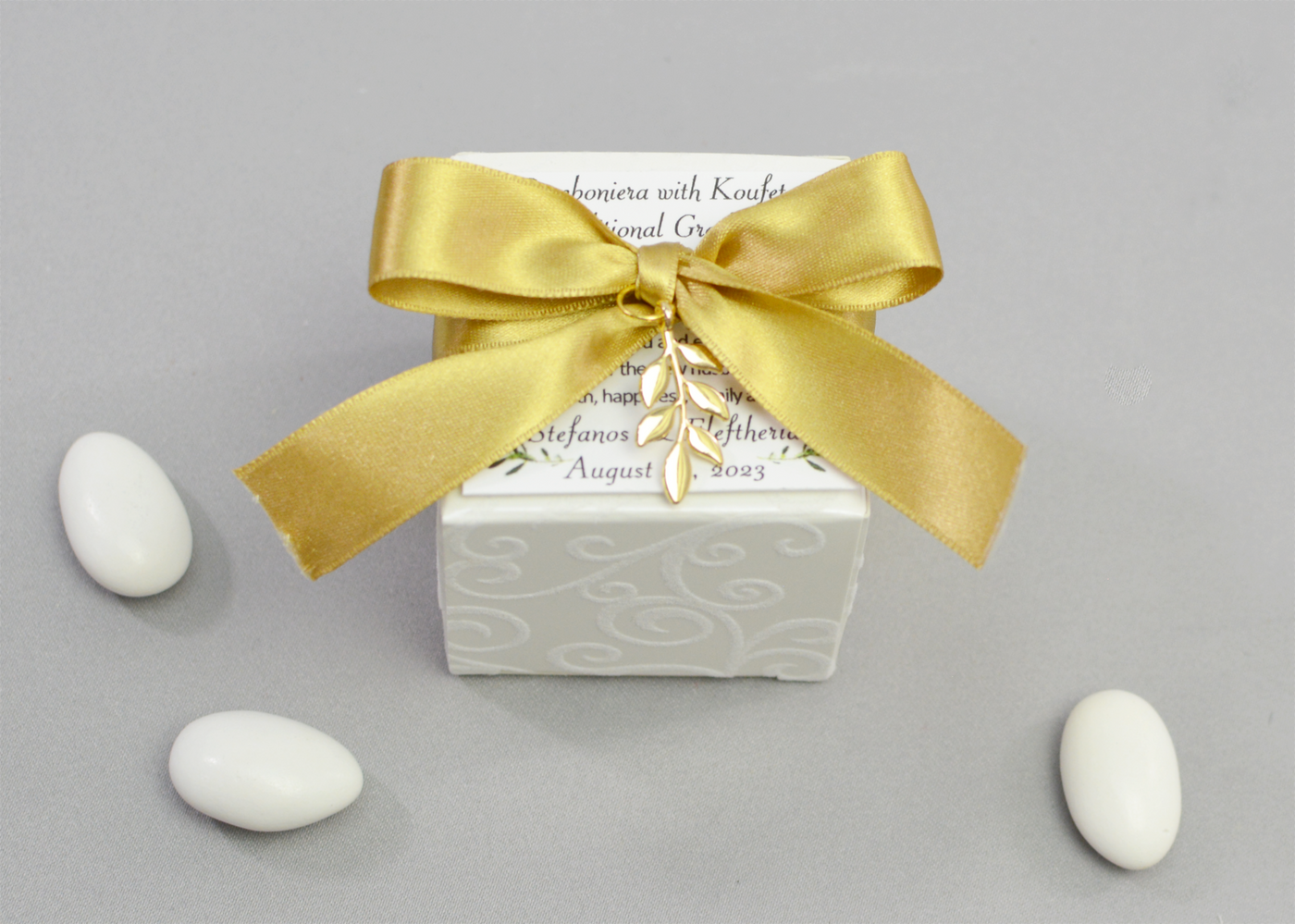 Flocked Box Wedding Favor | Satin Ribbon & Charms