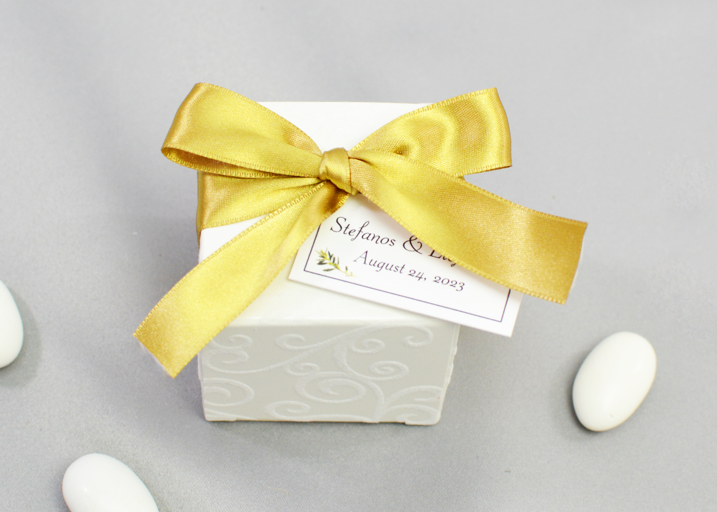 Flocked Box Wedding Favor | Satin Ribbon & Charms